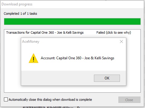 Error connecting to capital one 360 bank.